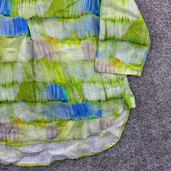APNY Shirt Women's Large Green Blue 100% Linen Abstract Watercolor Tunic Blouse - Picture 3 of 7